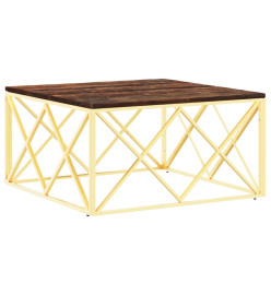 Table basse doré acier inoxydable et bois massif récupération