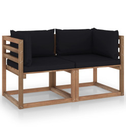 Canapé palette de jardin 2 places et coussins noir Pinède