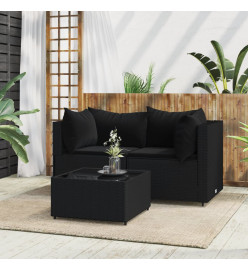 Salon de jardin 3 pcs avec coussins Noir Résine tressée