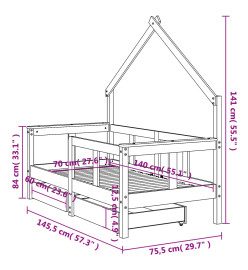 Cadre de lit enfant avec tiroirs noir 70x140 cm bois pin massif