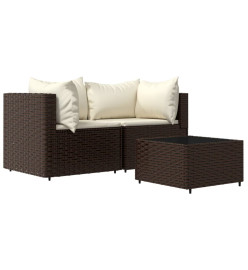 Salon de jardin 3 pcs avec coussins marron résine tressée