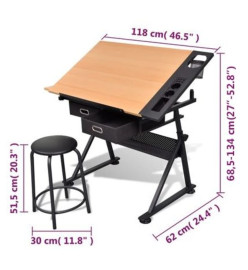 Table à dessin inclinable 2 tiroirs et tabouret