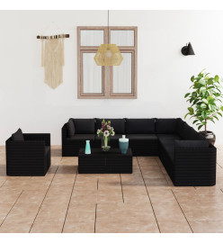 Salon de jardin 10 pcs avec coussins Résine tressée Noir