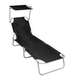 Chaise longue pliable avec auvent Noir Aluminium