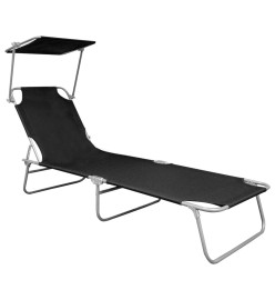 Chaise longue pliable avec auvent Noir Aluminium