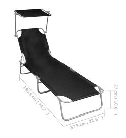 Chaise longue pliable avec auvent Noir Aluminium