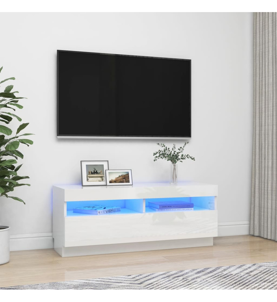 Meuble TV avec lumières LED blanc brillant 100x35x40 cm