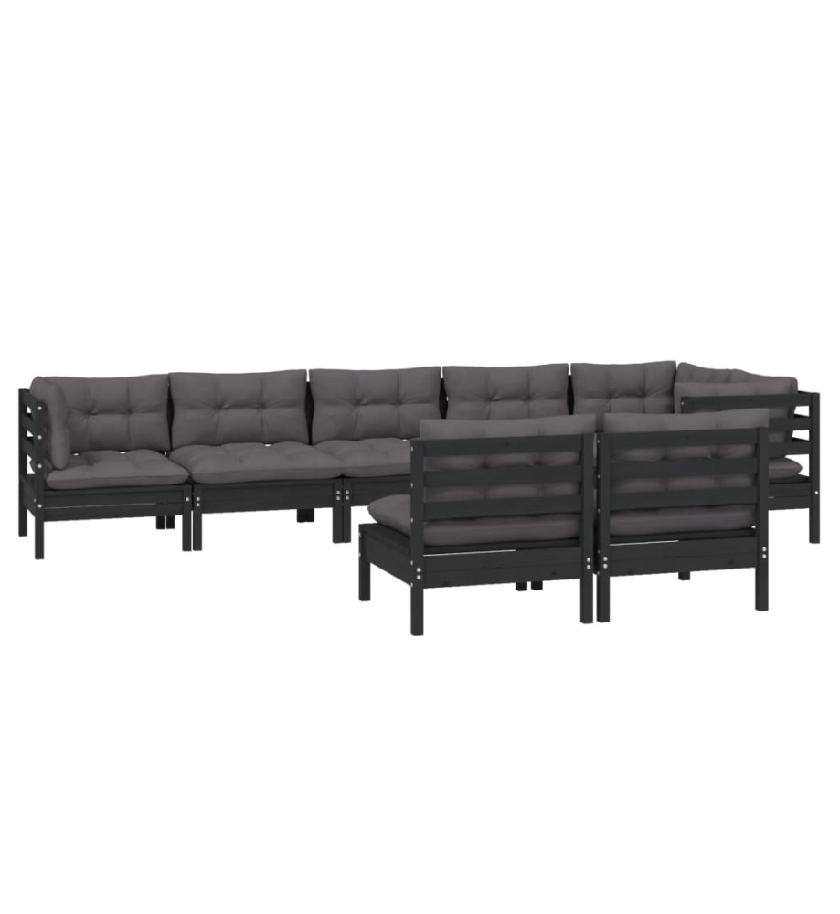 Salon de jardin 8 pcs avec coussins Noir Bois de pin massif Salon de jardin 8 pcs avec coussins Noir Bois de pin massif