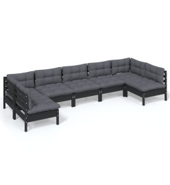 Salon de jardin 7 pcs avec coussins Noir Bois de pin solide