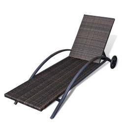 Chaise longue avec coussin et roues Résine tressée Marron