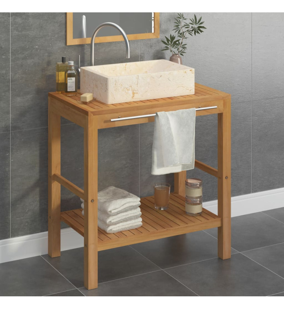 Armoire de toilette en teck solide avec lavabo en marbre Crème