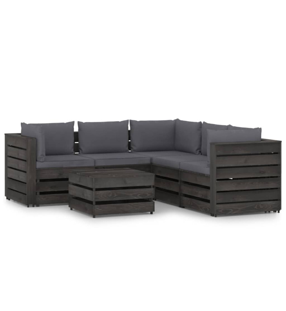 Salon de jardin 6 pcs avec coussins Bois imprégné de gris Salon de jardin 6 pcs avec coussins Bois imprégné de gris