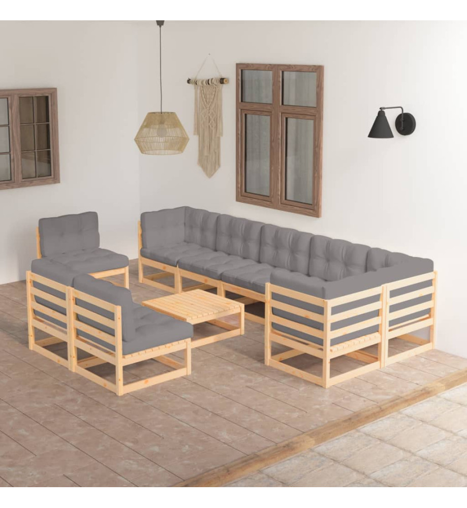 Salon de jardin 10 pcs avec coussins Bois de pin massif Salon de jardin 10 pcs avec coussins Bois de pin massif