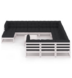 Salon de jardin 12 pcs avec coussins Blanc Bois de pin massif