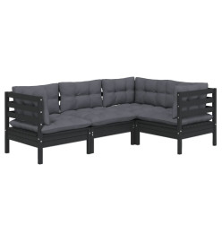 Salon de jardin 4 pcs avec coussins Noir Bois de pin