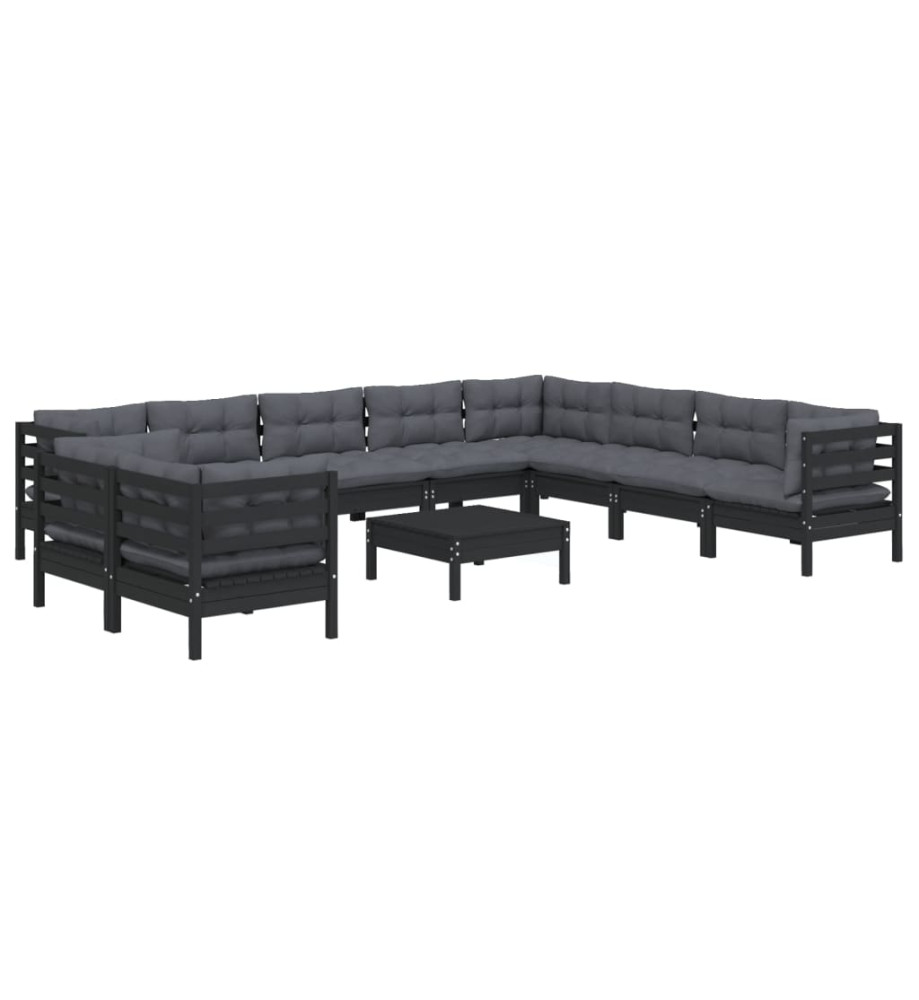 Salon de jardin 11 pcs avec coussins Noir Bois de pin solide Salon de jardin 11 pcs avec coussins Noir Bois de pin solide