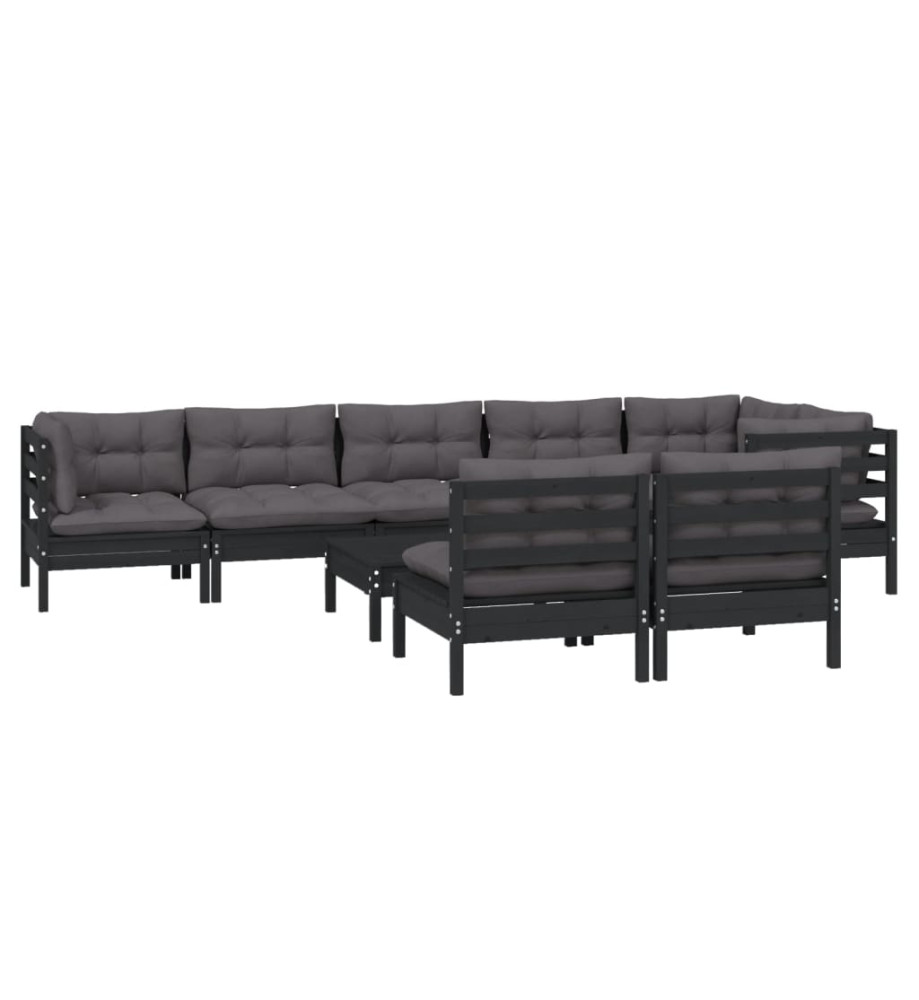 Salon de jardin 9 pcs avec coussins Noir Bois de pin massif Salon de jardin 9 pcs avec coussins Noir Bois de pin massif