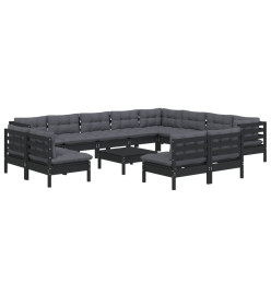 Salon de jardin 13 pcs avec coussins Noir Bois de pin solide
