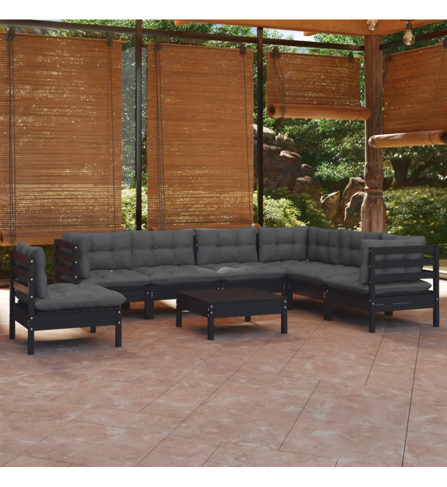 Salon de jardin 8 pcs avec coussins Noir Bois de pin solide Salon de jardin 8 pcs avec coussins Noir Bois de pin solide