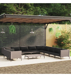 Salon de jardin 12 pcs avec coussins Résine tressée Gris foncé