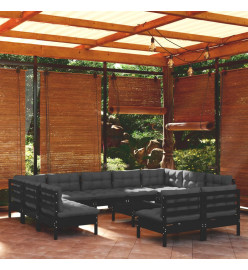 Salon de jardin 12 pcs avec coussins Noir Bois de pin massif