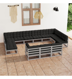 Salon de jardin 13 pcs avec coussins Gris Bois de pin massif