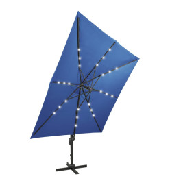 Parasol déporté avec mât et lumières LED Bleu azur 300 cm