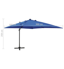 Parasol déporté avec mât et lumières LED Bleu azur 300 cm