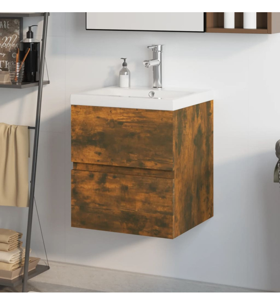 Meuble lavabo avec bassin intégré Chêne fumé Bois d'ingénierie