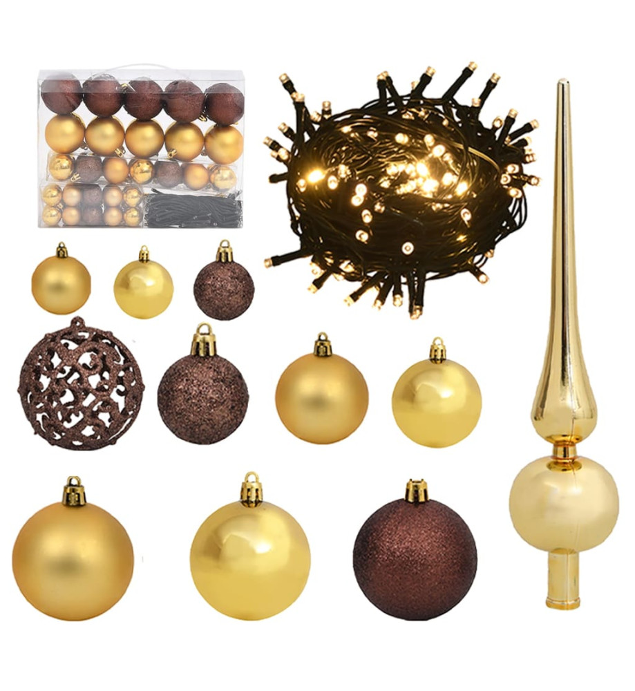 Set de boules de Noël avec pic et 150 LED 61 pcs Doré et bronze Set de boules de Noël avec pic et 150 LED 61 pcs Doré et bronze