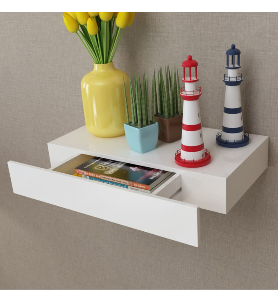 Étagère murale avec 1 tiroir MDF Blanc Rangement de livres