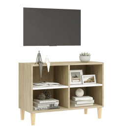 Meuble TV avec pieds en bois massif Blanc et chêne 69,5x30x50cm