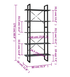 Bibliothèque à 5 niveaux Gris 80x30x175 cm Bois d'ingénierie