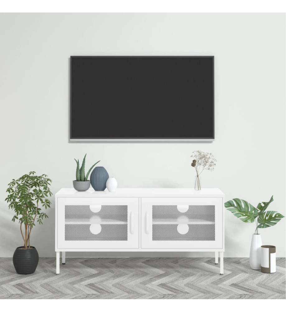 Meuble TV Blanc 105x35x50 cm Acier