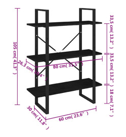 Bibliothèque à 3 niveaux Noir 80x30x105 cm Bois de pin massif