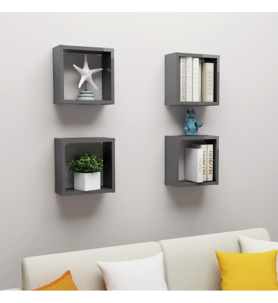 Étagères cube murales 4 pcs Gris brillant 30x15x30 cm