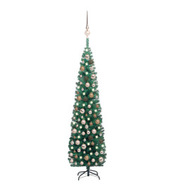 Arbre de Noël artificiel mince avec LED et boules Vert 210 cm