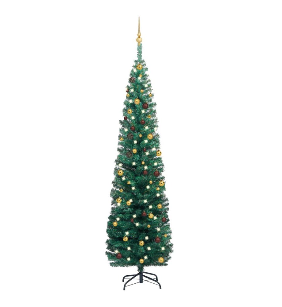 Arbre de Noël artificiel mince avec LED et boules Vert 210 cm