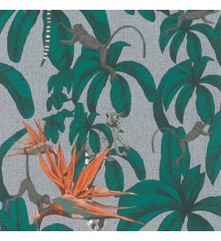 Topchic Papier peint Monkey Jungle Leaves Vert et gris