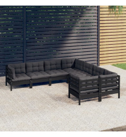 Salon de jardin 8 pcs avec coussins Noir Bois de pin massif