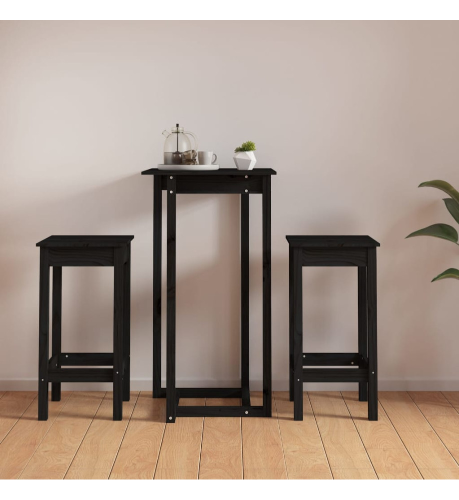 Ensemble de bar 3 pcs Noir Bois de pin massif