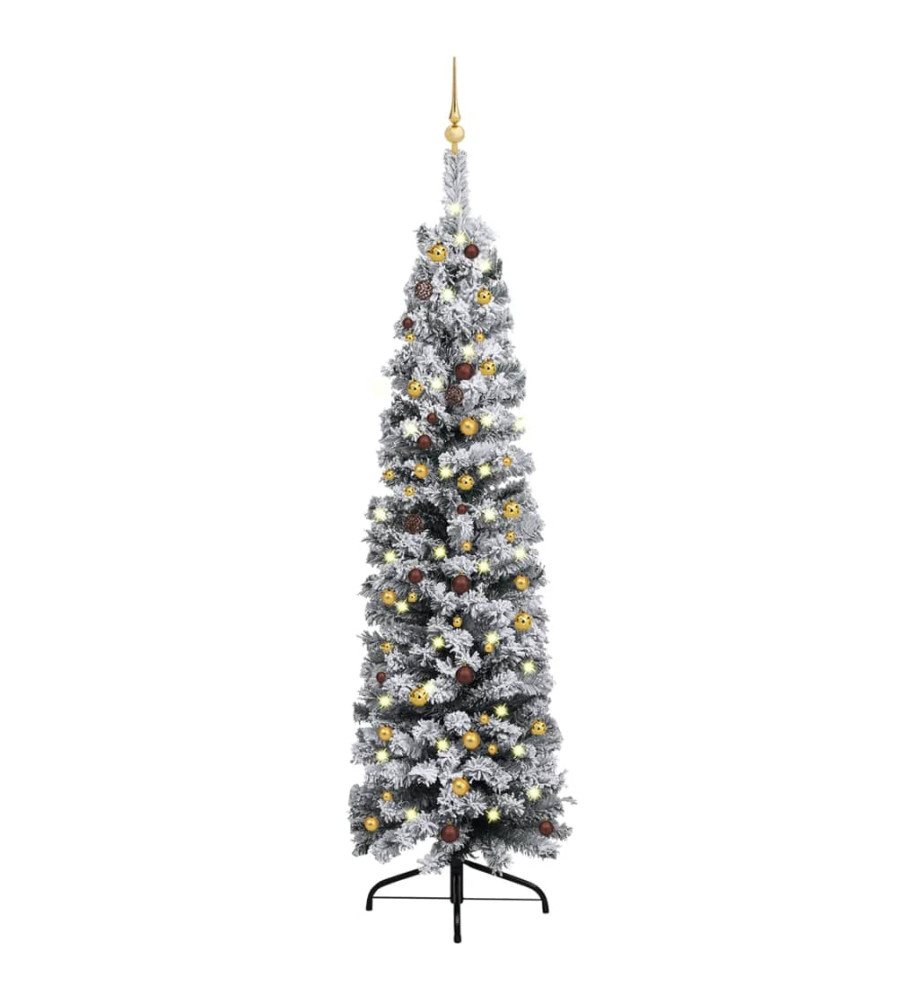 Sapin de Noël artificiel mince et LED et boules Vert 240 cm