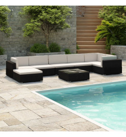 Salon de jardin avec coussins 8 pcs résine tressée noir