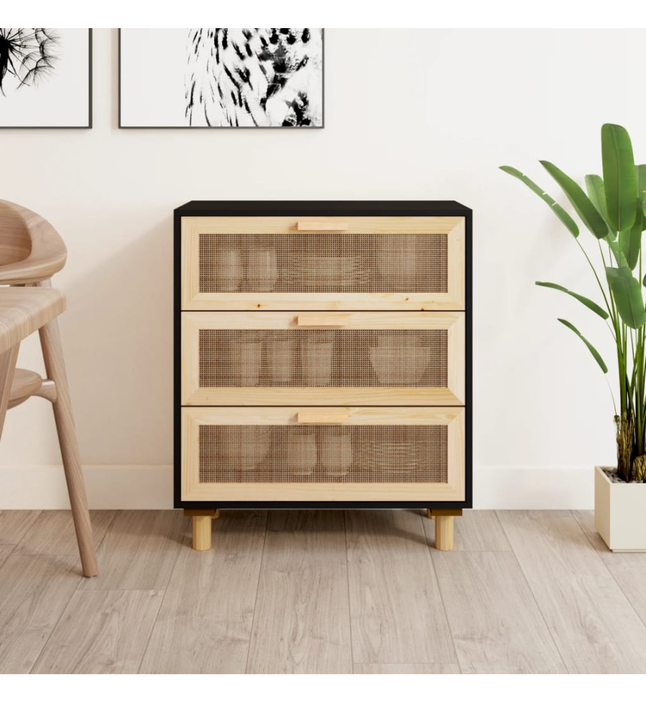 Buffet Noir 60x30x70 cm Bois de pin massif et rotin naturel