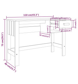 Bureau HAMAR Blanc 110x40x75 cm Bois massif de pin