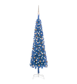 Arbre de Noël mince avec LED et boules Bleu 210 cm