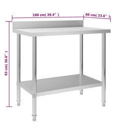 Table de travail de cuisine avec dosseret 100x60x93 cm Inox