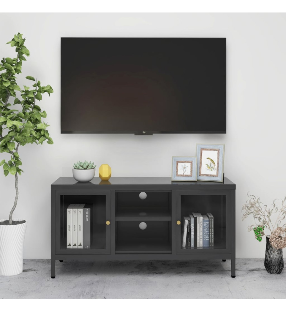 Meuble TV Anthracite 105x35x52 cm Acier et verre