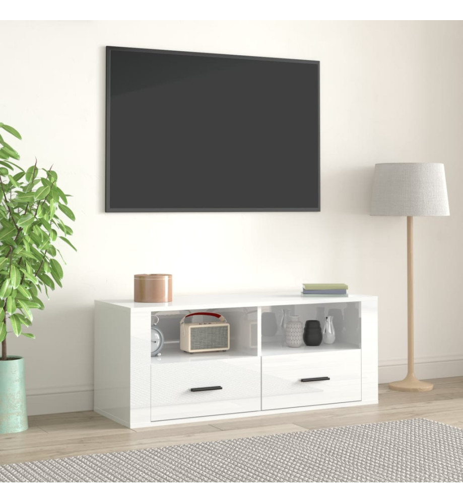 Meuble TV Blanc brillant 100x35x40 cm Bois d'ingénierie