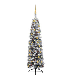 Arbre de Noël mince avec LED et boules Vert 120 cm